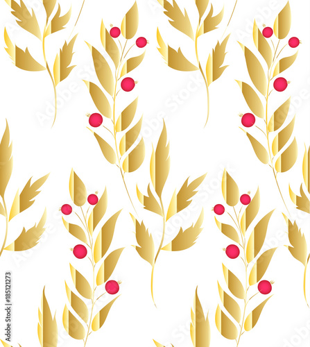Gold floral branches and berries background. Vector glitter textured seamless pattern with branches leaf berries. Perfect for holidays