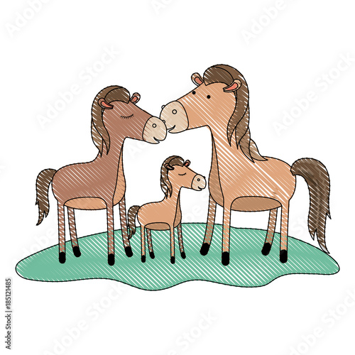 horses couple and foal over grass in colored crayon silhouette