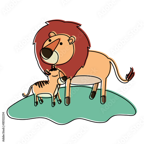 cartoon lion and cub over grass in watercolor silhouette