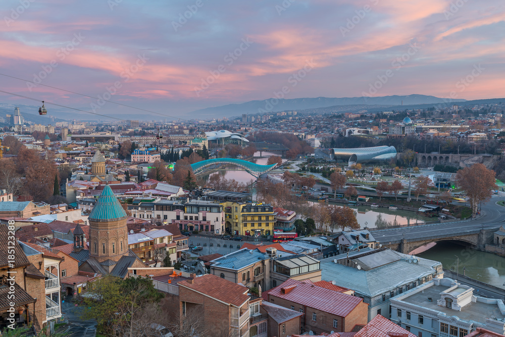 TBILISI, GEORGIA - DEC.11, 2017 : The cityscape of Tbilisi view from the hill