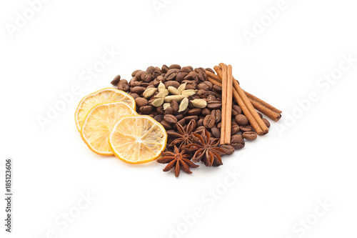  Coffee beans with spices on a white background