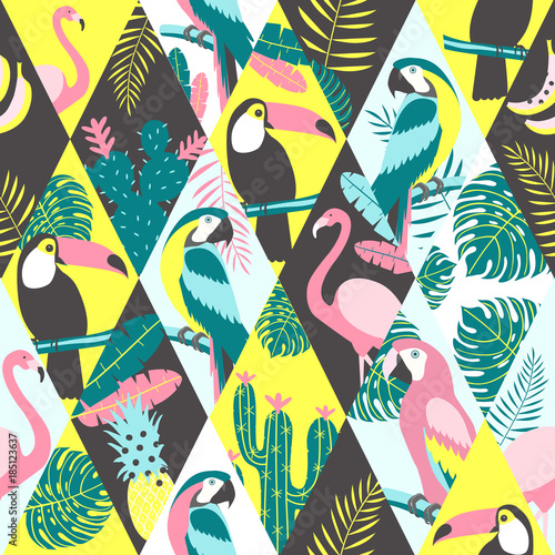 Patchwork pattern with tropical birds. Vector illustration.