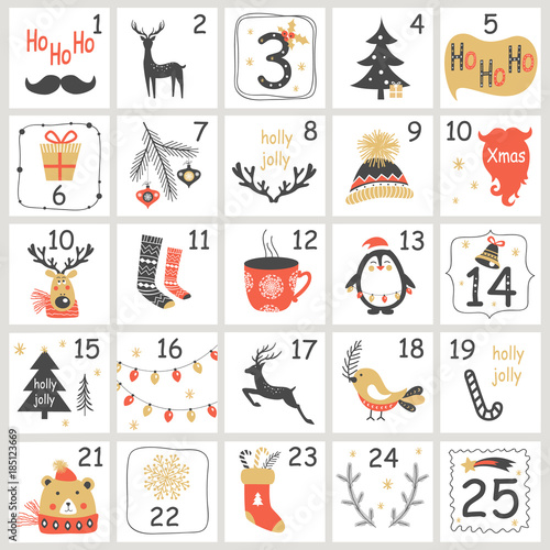 Christmas Advent calendar with hand drawn elements. Xmas Poster. Vector illustration
