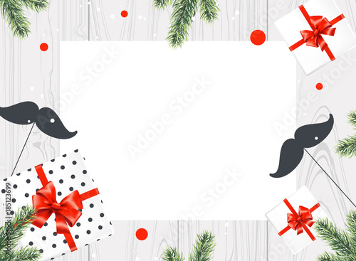 Gifts boxes with red bow, mustaches and fir branches on white wooden background. Retro stile. Top view. Vector illustrtion