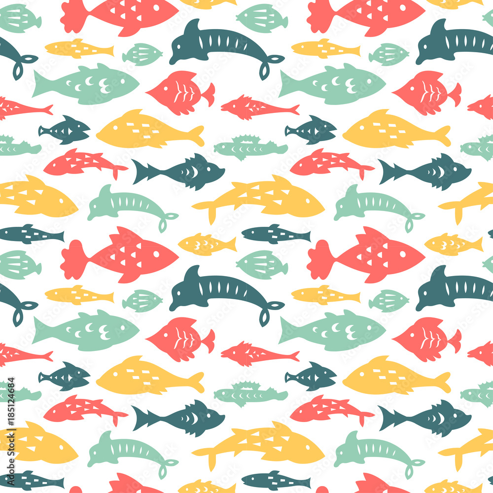Seamless pattern with sea fishes. Can be used for textile, website background, book cover, packaging.
