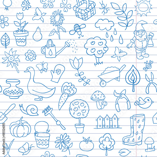Seamless pattern of gardening objects are drawn on a notebook in a ruler. Textures for wallpaper, fills, web page background.