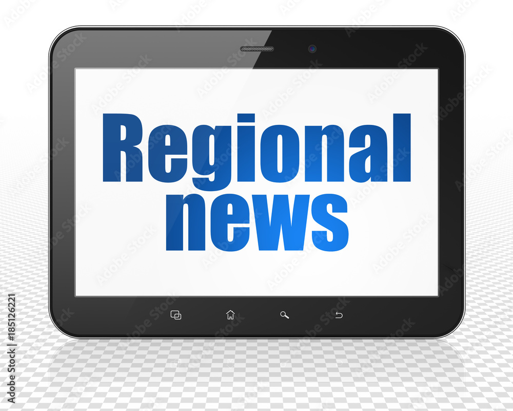 News concept: Tablet Pc Computer with blue text Regional News on display, 3D rendering News concept: Tablet Pc Computer with blue text Regional News on display, 3D rendering