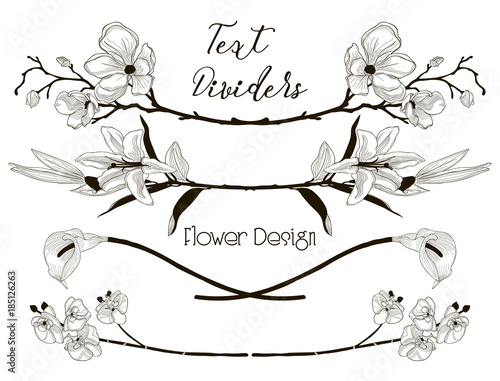 Vector Black Floral Text Dividers. Flower Design Elements