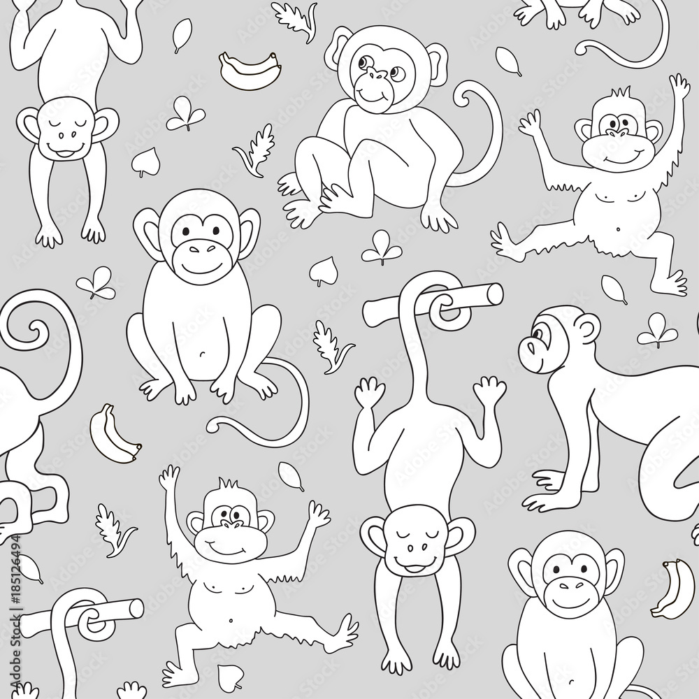 Seamless pattern with monkeys, bananas and leaves. Can be used for textile, website background, book cover, packaging.