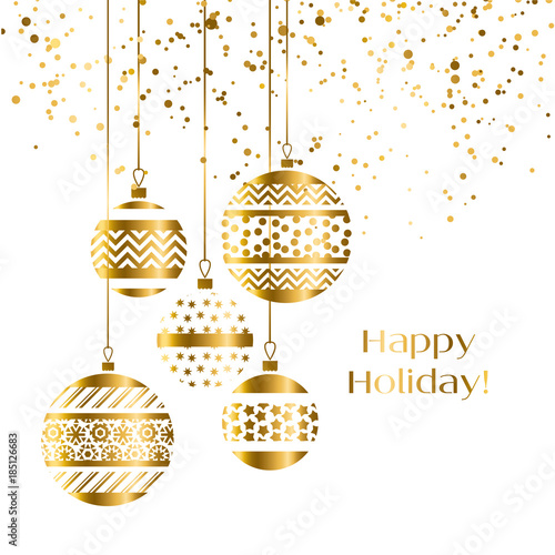 Decorative xmas baubles vector illustration. Five gold decoration Christmas b...