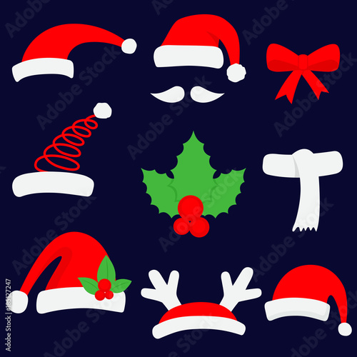 Three red santa hats and christmas stocking. Vector illustration.