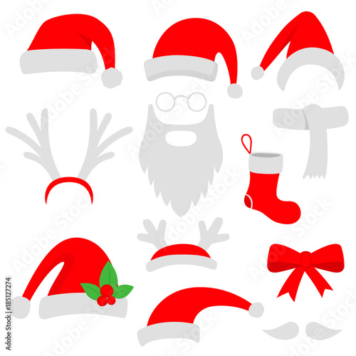 Three red santa hats, horns, mustache, beard and christmas stocking. Vector illustration.