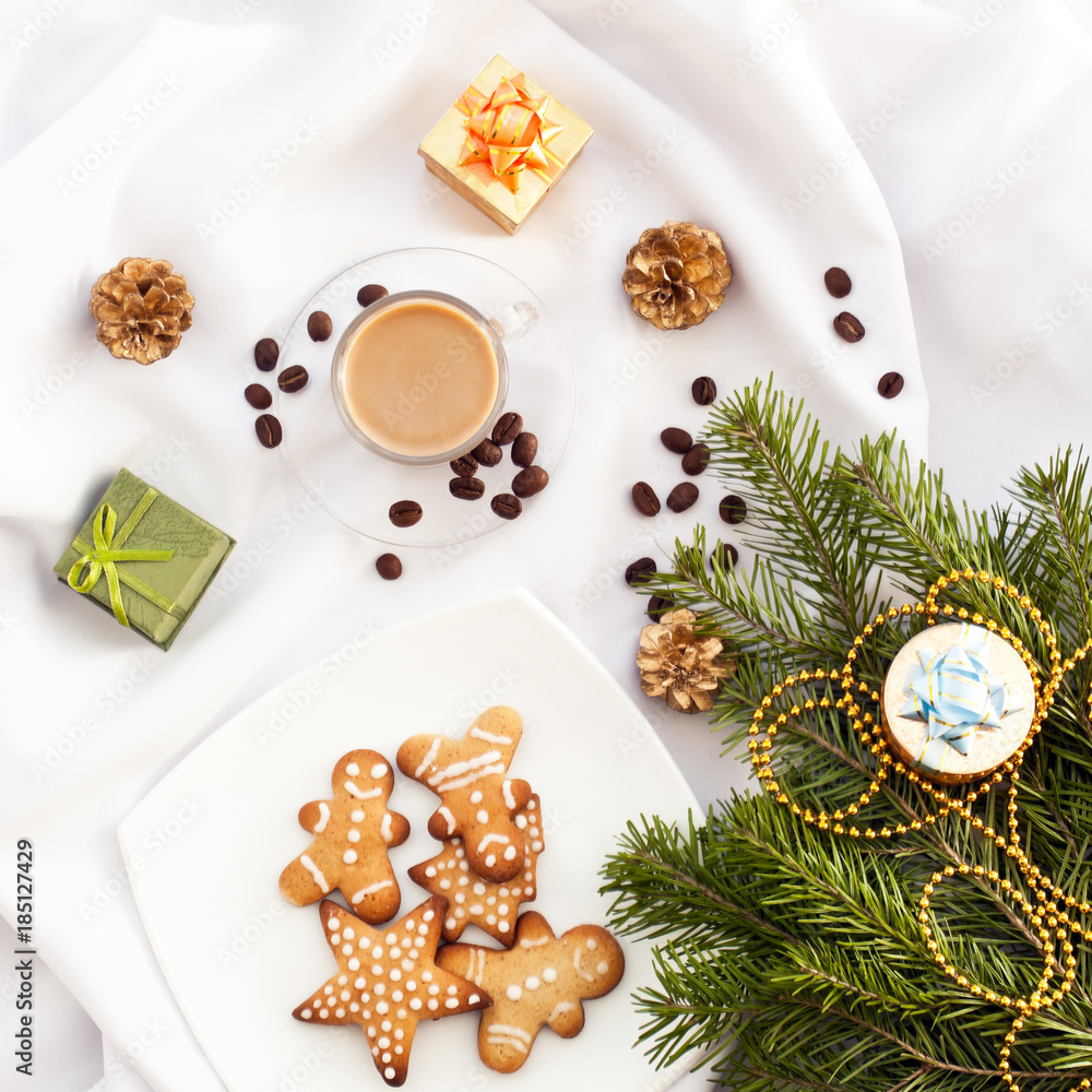  Christmas white background of crumpled cloth with coffee and biscuits