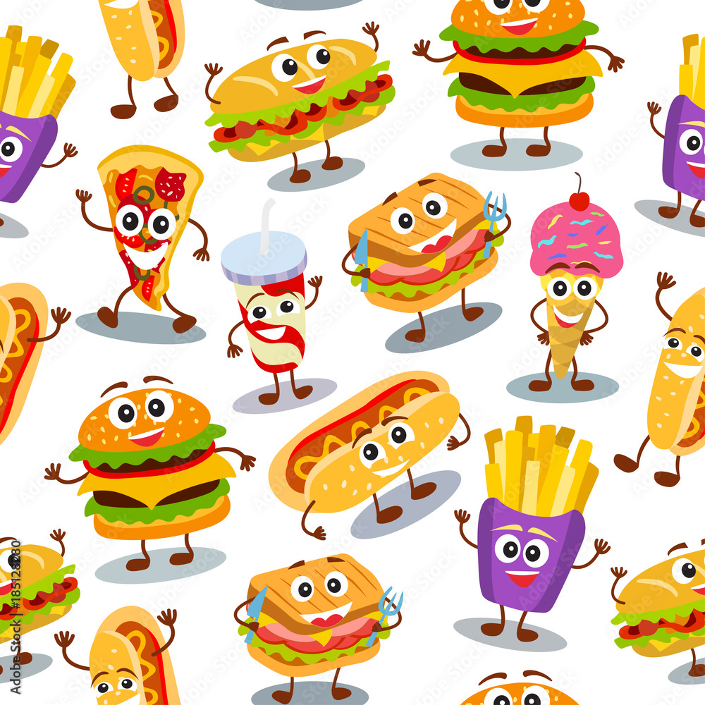 Obraz premium Funny, cute fast food with smiling human face pattern for kids restaurant menu. Texture for wallpaper, fills, web page background.