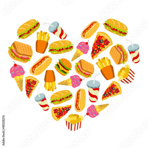 Set of fast food icons in heart shape. Template for style design.