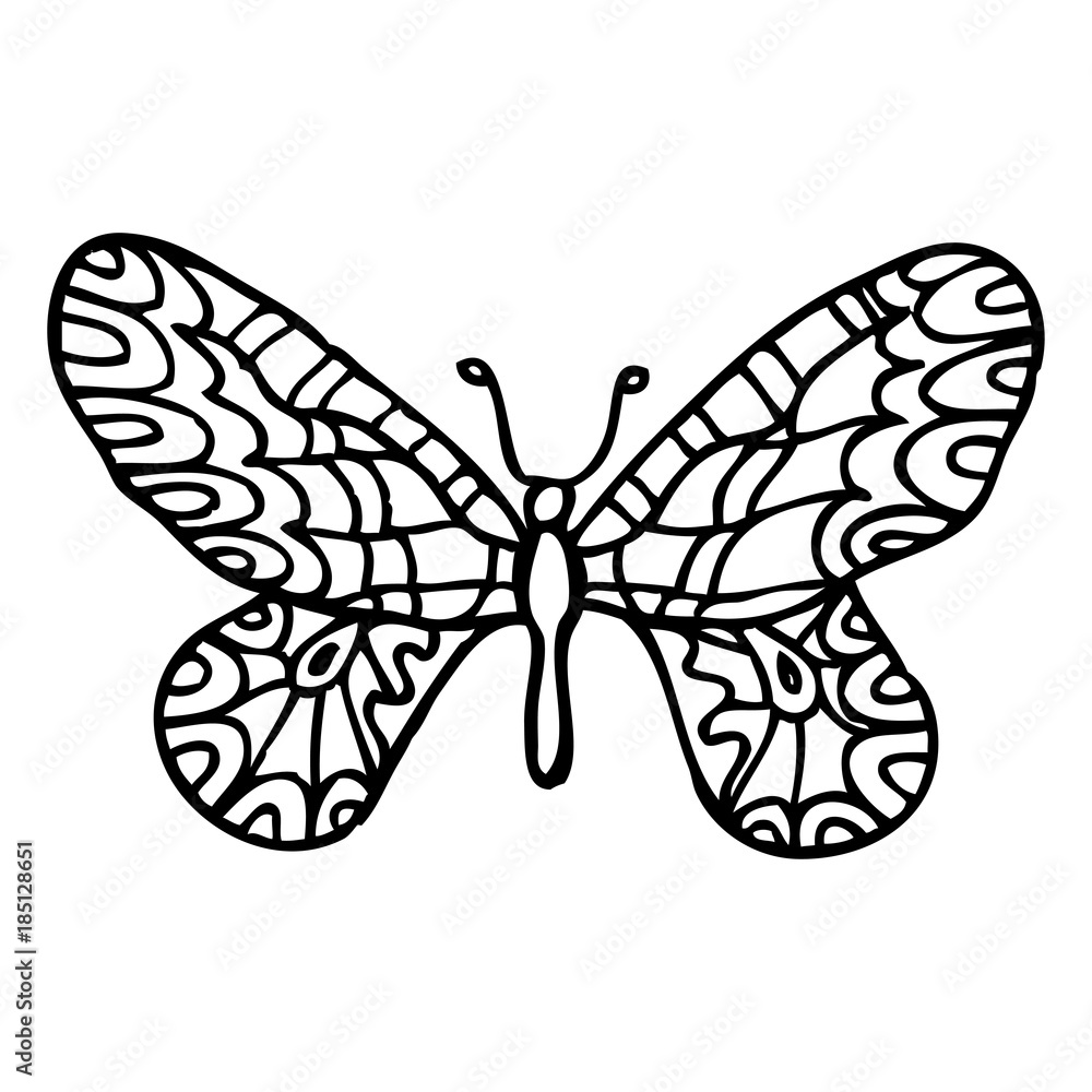 Black doodle decorative ornate butterfly isolated on white background. Beautiful vector design.