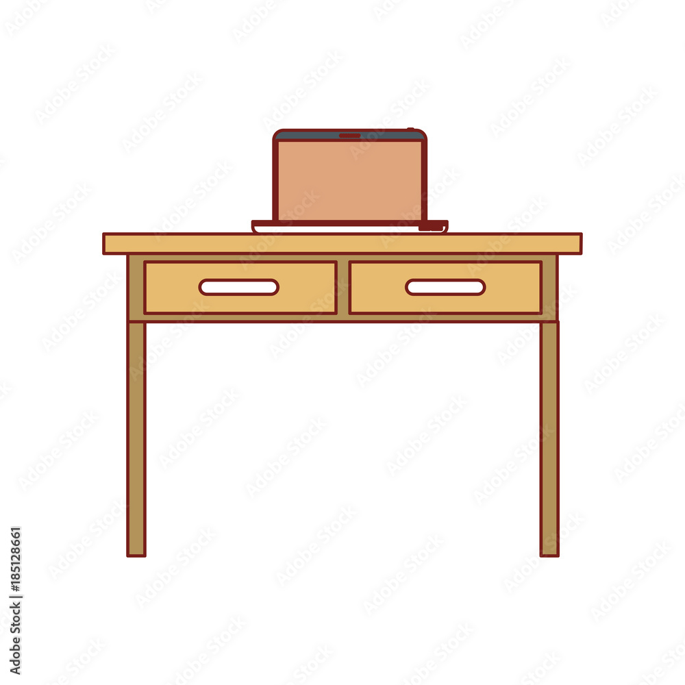 desk table with drawers and laptop computer above in front view colorful silhouette desk table with drawers and laptop computer above in front view colorful silhouette