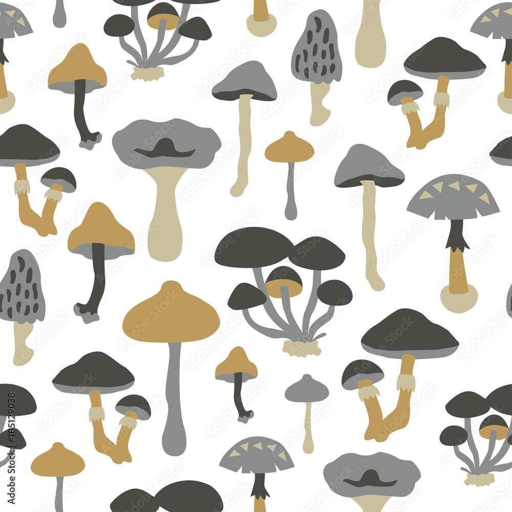 Vector seamless pattern with mushrooms. Endless texture for wallpaper, fill,  web page background, surface texture.