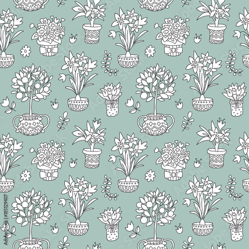 Seamless pattern doodle plants in pots, floral background. Endless texture for wallpaper, fill,  web page background, surface texture.
