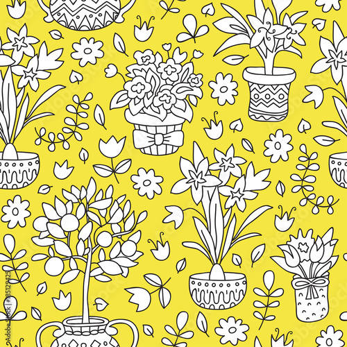 Seamless pattern doodle plants in pots, floral background. Can be used for textile, website background, book cover, packaging.