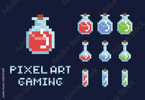 Set of pixel art potion bottles, red green and blue, health mana game design object