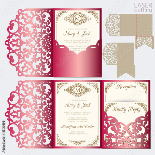 Die laser cut wedding card vector template. Invitation envelope. Wedding lace invitation mockup. Template for laser cutting. Die cut pocket envelope template.
