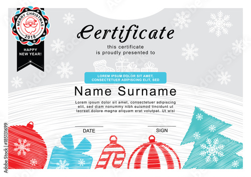 Christmas certificate. Santa on the badge, christmas tree and decoration. Simple draw. Merry Christmas background
