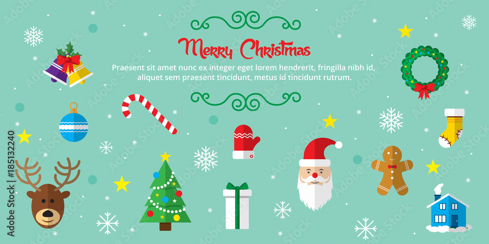 Fototapeta premium Set of christmas icons in internet banner in vector illustration. Icon of bell, stocking, christmas tree, reindeer, present, Santa Claus, snowman. Template for internet and business.