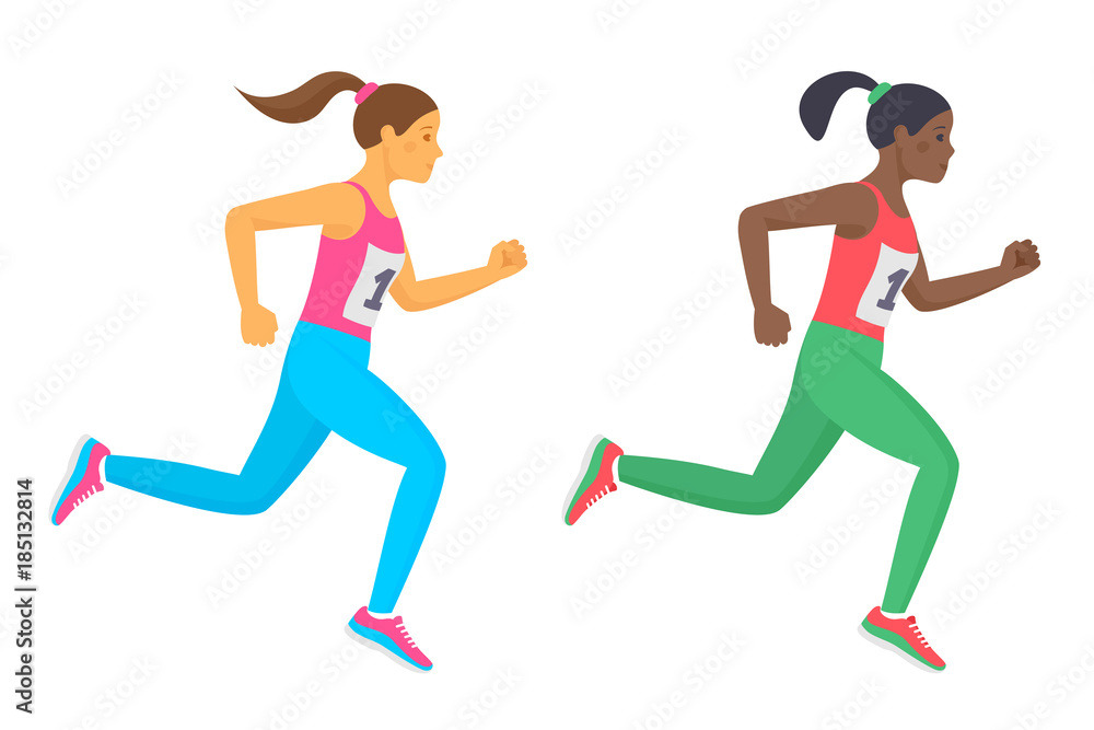 The running school girl set. Side view of active caucasian and afro american kids in a sportswear. Sport, jogging, workout, competition concept. Flat vector illustration isolated on white background.