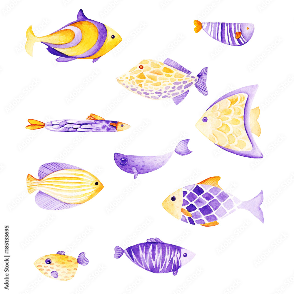 Fototapeta premium Watercolor fish set. Ultra violet and gold colors. For children design, print or background