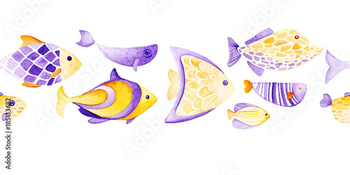 Canvas Print Watercolor different fish pattern