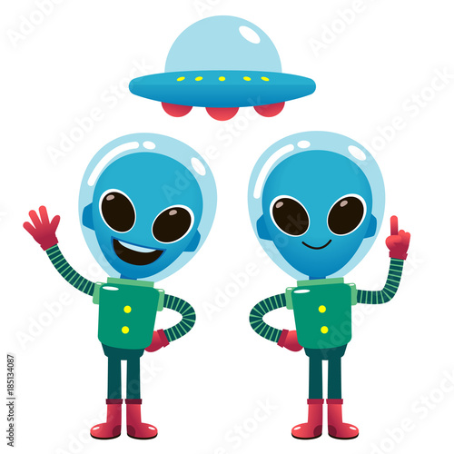 Vector illustration of aliens character in space suit and spaceship isolated on white background.
