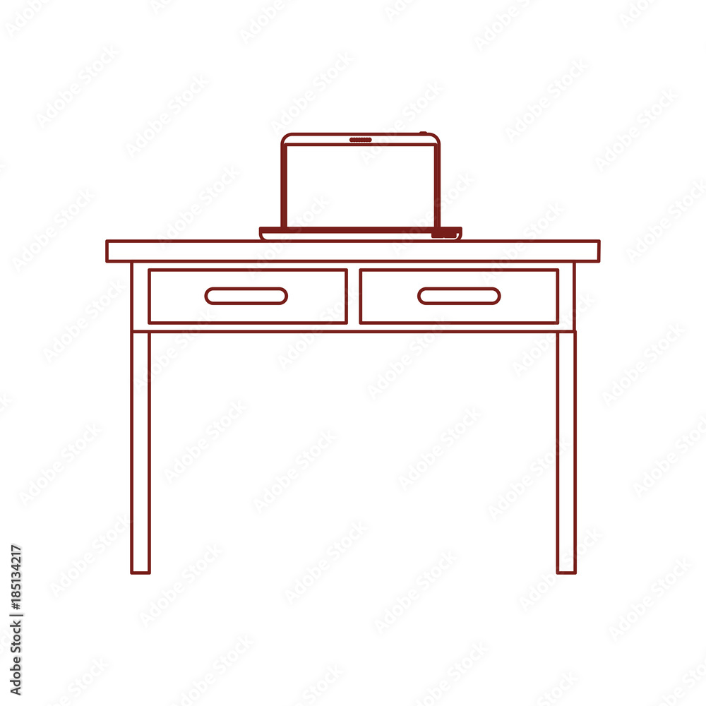 desk table with drawers and laptop computer above in front view in dark red contour desk table with drawers and laptop computer above in front view in dark red contour