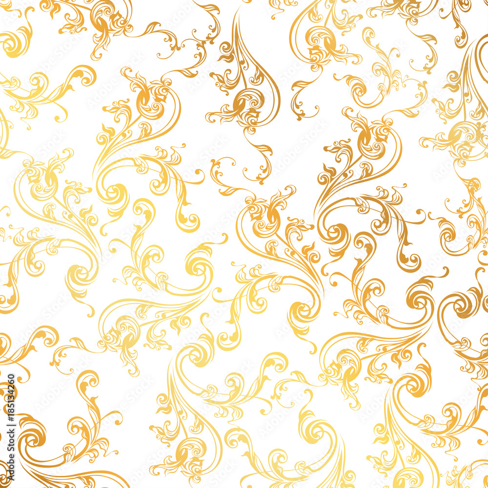 Floral pattern. Wallpaper baroque, damask. Seamless vector background. White and gold ornament.