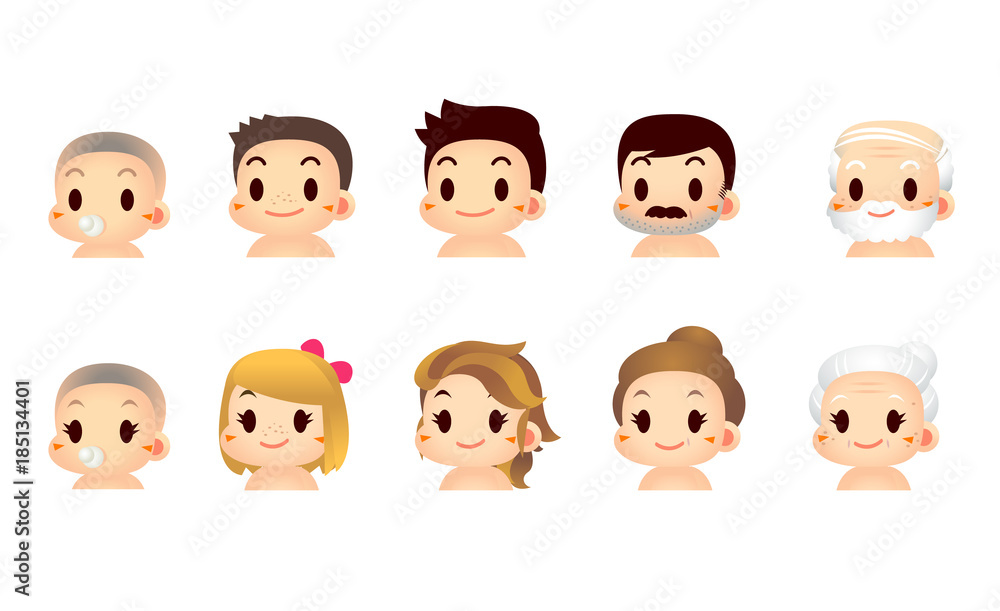 Vector set of aging male and female character isolated on white background. Vector set of aging male and female character isolated on white background.