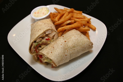 Chicken Wrap and fries.