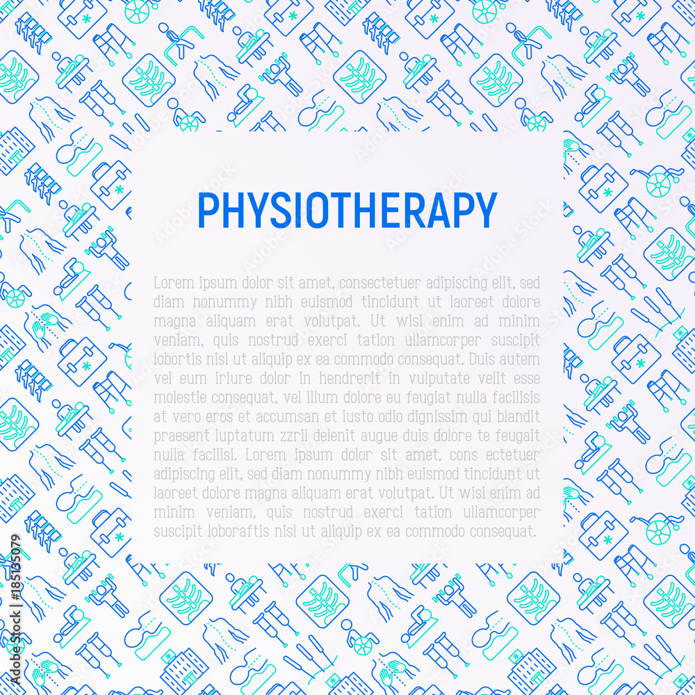 Physiotherapy concept with thin line icons: rehabilitation, physiotherapist, acupuncture, massage, gymnastics, go-carts, vertebrae; x-ray, trauma, crutches, wheelchair. Vector illustration. Physiotherapy concept with thin line icons: rehabilitation, physiotherapist, acupuncture, massage, gymnastics, go-carts, vertebrae; x-ray, trauma, crutches, wheelchair. Vector illustration.