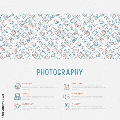 Photography concept with thin line icons of photographer, film, crop, flash, focus, light, panorama. Vector illustration for banner, web page, print media.