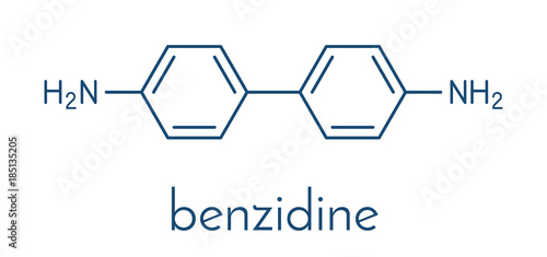 Benzidine (4,4’-diaminobiphenyl) chemical. Highly carcinogenic. Used in production of dyes. Skeletal formula.