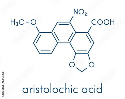 Aristolochic acid plant poison molecule. Has carcinogenic and nephrotoxic (kidney damaging) properties. Found in Aristolochia and Asarum herbs, often used in Chinese herbal medicine. Skeletal formula.