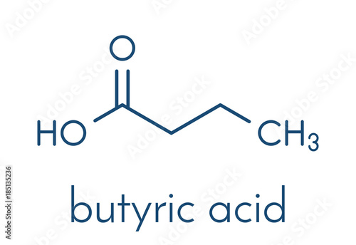 Butyric acid (butanoic acid) short-chain fatty acid molecule. Esters and salts are called butyrates. Skeletal formula. photo