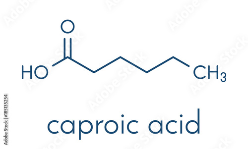 Caproic acid (hexanoic acid) fatty acid molecule. Salts and esters are called hexanoates or caproates. Skeletal formula.