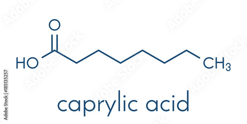 Caprylic (octanoic) acid molecule. Common saturated medium-chain fatty acid. Skeletal formula. photo