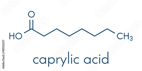 Caprylic (octanoic) acid molecule. Common saturated medium-chain fatty acid. Skeletal formula.