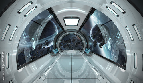 Fototapeta Naklejka Na Ścianę i Meble -  Spaceship interior with view on planets 3D rendering elements of this image furnished by NASA