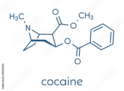 Cocaine stimulant drug molecule. Used as salt or as free base (crack, freebase). Skeletal formula.