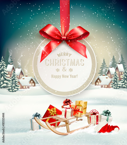Christmas holiday background with presents on a sleigh and gift card with red bow. Vector illustration