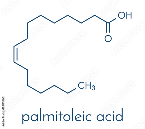 Palmitoleic acid (omega-7) fatty acid molecule. Skeletal formula.