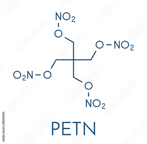 Pentaerythritol tetranitrate (PETN) explosive molecule. Also used as angina drug (nitrate class). Skeletal formula.