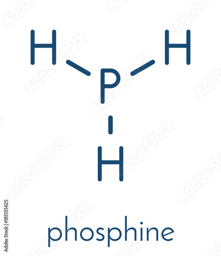 Phosphine (phosphane, PH3) molecule. Used as reagent in chemistry and as fumigant in agriculture. Skeletal formula. photo
